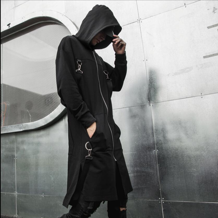 

2020 Spring New Personality Male Decoration Long Section Loose with Hood Youth Hip Hop Black Hoodies Jacket V80j