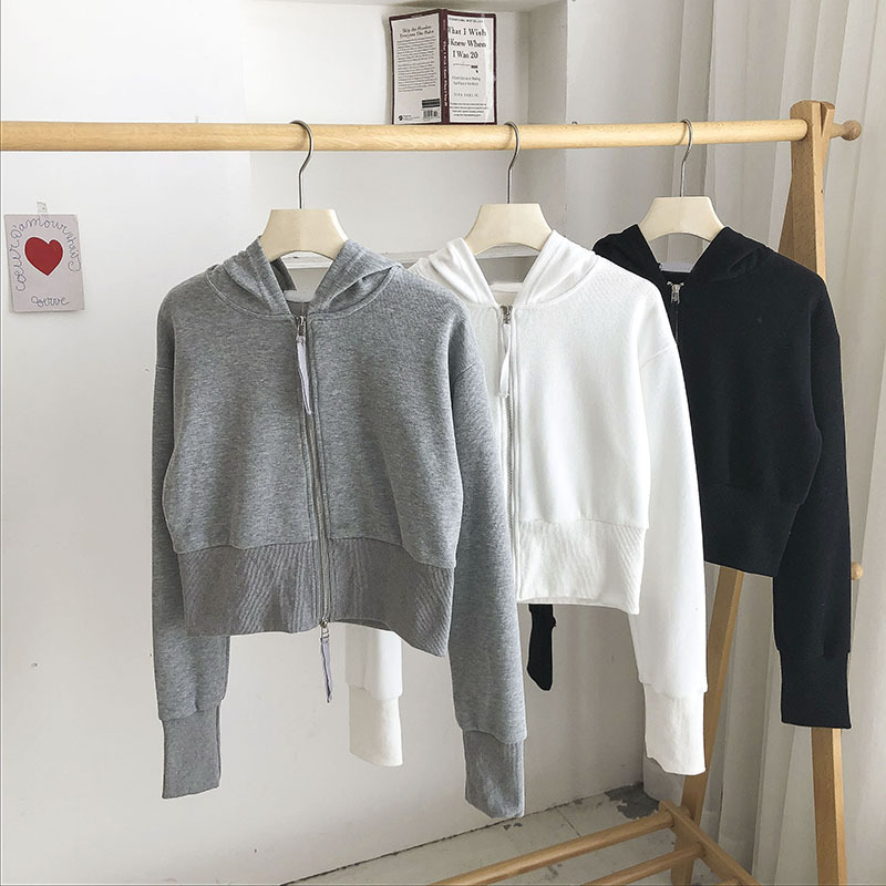 

2021 New 2021 spring new products casual style double short hooded sweater long sleeve cardigan jacket women W1YS, Gray