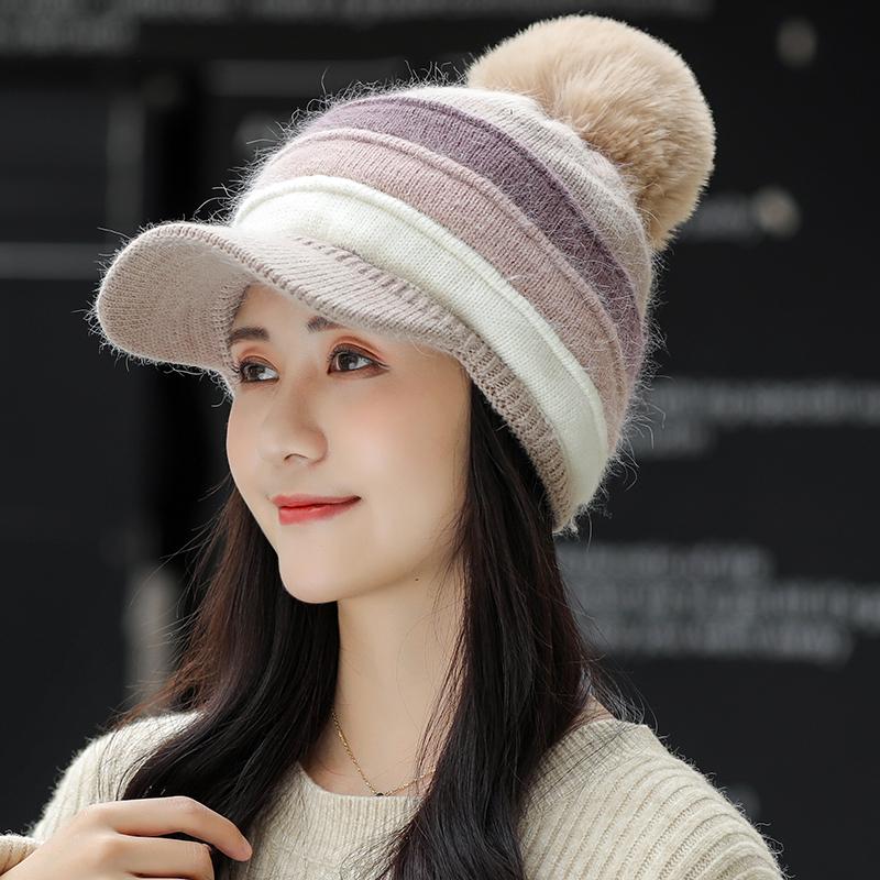 

New Simple Winter Hat for Women Pompom Beanie Hat Knitted fur Womens Winter Ski Skullies Beanies Female Fur Cap, White