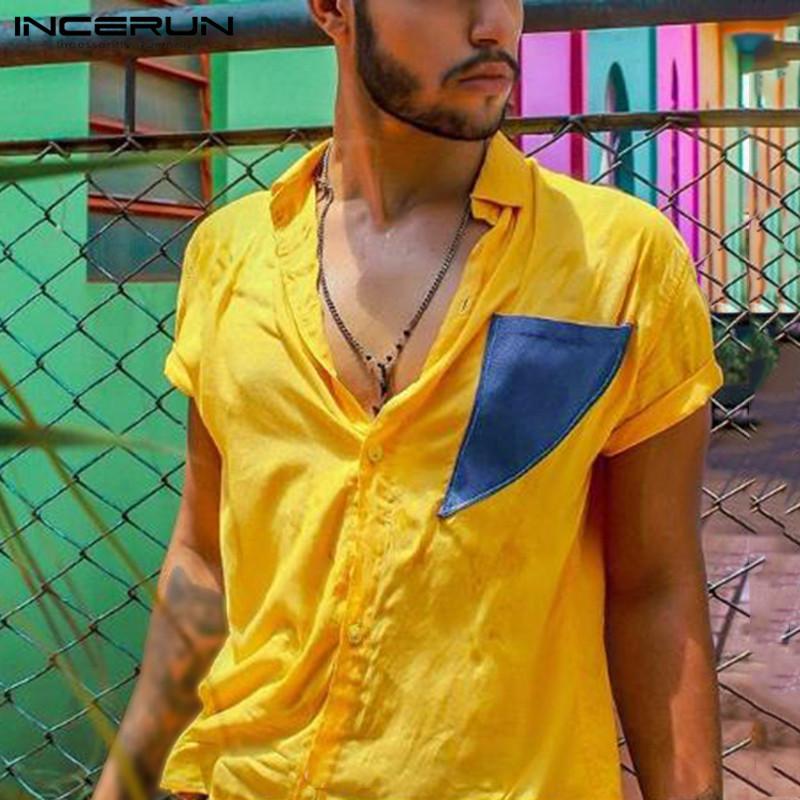 

Male Stitching Color Shirt INCERUN Men Short Sleeve Lapel Shirts Casual Patchwork Loose Blouse 2021 Summer Buttons Camisa -5XL, Yellow