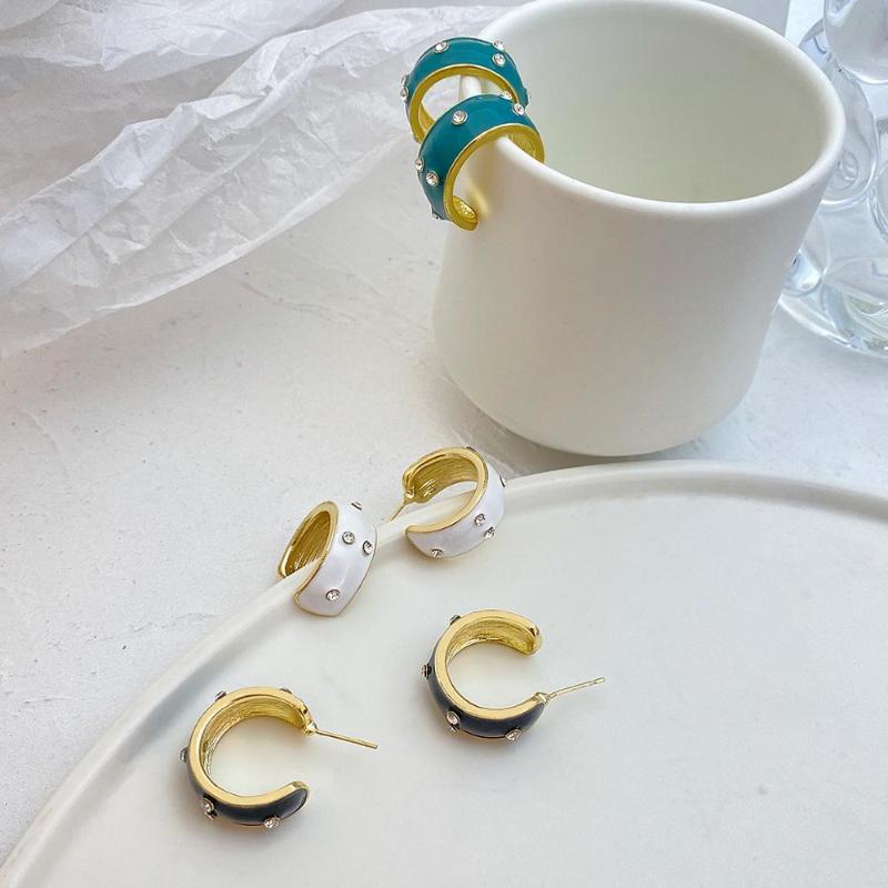 

Hoop & Huggie AENSOA Trendy Enamel Black Green White C Shaped Earrings For Women Rhinestone Geometric Fashion Jewlery Aretes