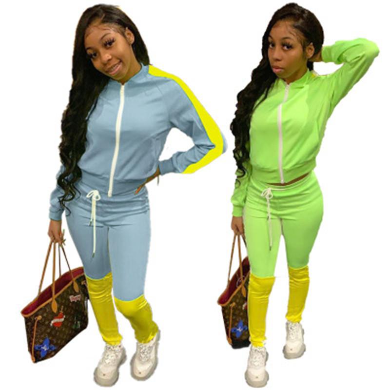 

Ladies Fluorescent Green Sports Sets Fashion Color-blocked Long Sleeve Zipper Hooded Tops Pants Suits Designer Female Winter Slim Tracksuits