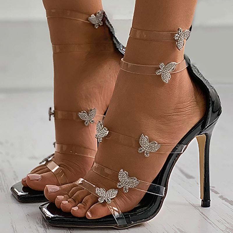 

Three Color Party Ladies Square Toe High Heel Sandals Clear Perspex Butterfly Pattern Stiletto Heel, Black