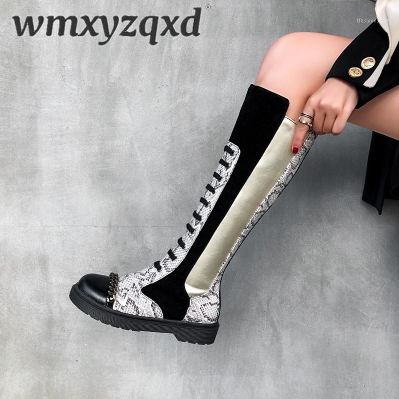 

Boots Ladies Snake Print Stitching Leather Rubber for Women Knee-high Metal Decoration Winter Women's Motorcycle Boots WMXYZQXD1