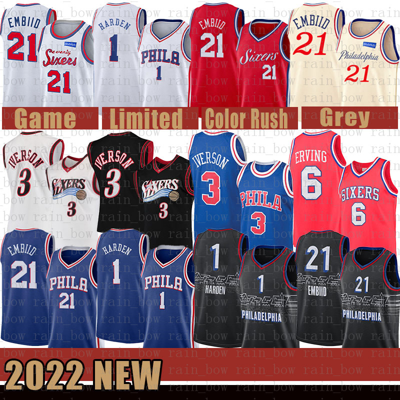 

Philadelphia''76ers''Men 2022 New James 1 Harden Basketball Jerseys Joel 21 Embiid Allen 3 Iverson Julius 6 Erving Cheap Green, Black;red