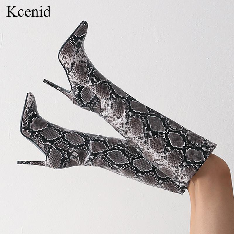 

Kcenid New women's shoes woman plus large big size 34-43 knee high boots sake print PU leather high heel sexy party boots 2020, Black