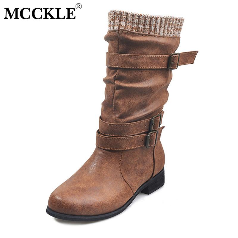

MCCKLE Women Mid Calf Boots Knitted 2020 Winter Buckle Strap PU Chunky Heels Woman Slip On Retro Boots Ladies Casual Footwear, Brown