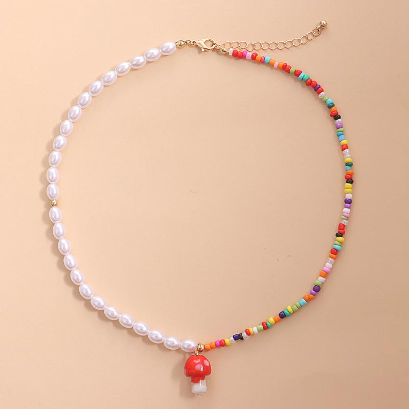 

Chokers Bohemian Short Choker Mushroom Strawberry Eye Pearl Necklace Jewelry For Women 2022 Beaded Clavicle Chain Fashion Girls Gifts, Golden;silver