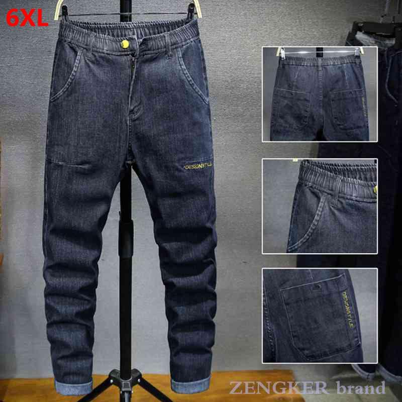 

oversized elastic waist jeans men's elastic dark blue loose big size people's high waisted Harem Pants fashion 6x, Navy blue