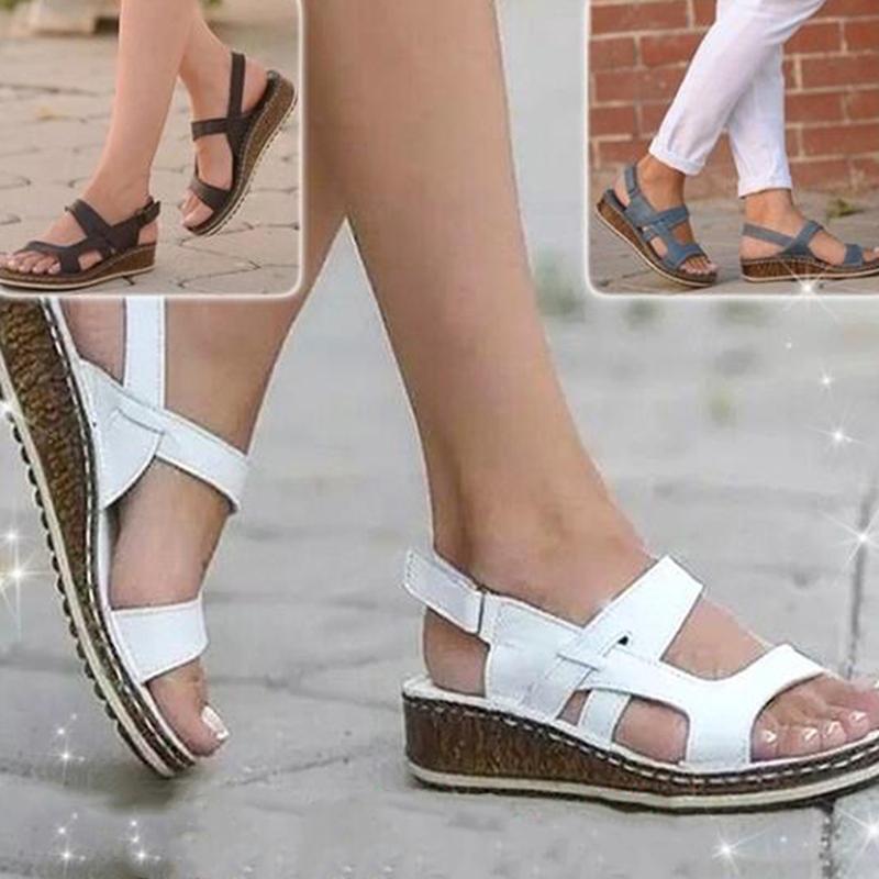 

Summer New Women Sandals Mid Heels Wedge Casual Ladies Shoes Solid Hook & Loop Female Shoes Big Size 36-43 Outdoor Beach, White