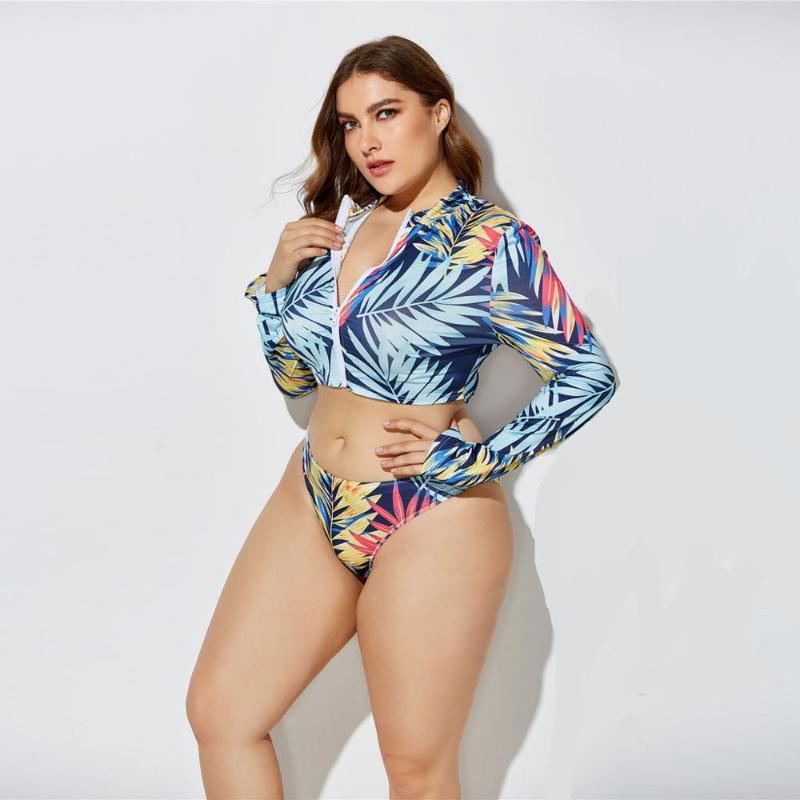

Plus Size Maternity Swimsuites Women's High Waist Leaves Print Split Long Sleeve Beach Three-Piece Set Suit maternidade A1, Blue