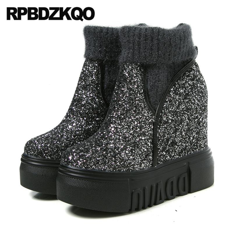 

silver casual wedge women ankle boots 2021 round toe autumn winter shoes waterproof fur knit glitter platform hidden sparkly new