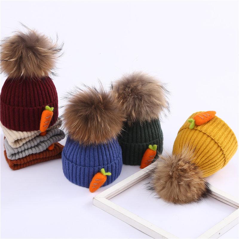 

Winter Girl Kid Casual Knit Hat Skullies Boy Child Real Raccoon Fur Pompoms knitted beanies cap for 2-8 years