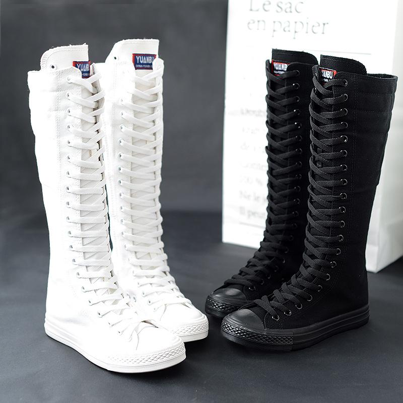 

High-top long tube women's boots casual canvas side zipper strap sneakers women's shoes winter boots women thigh high, White