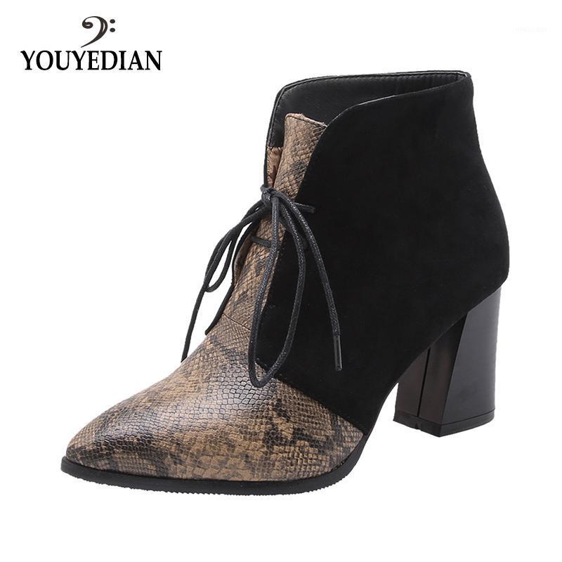 

women's luxury snake print pointed toe boots square high heel Lace-Up Boots Vintage lady Boot chaussures femme talon carr#1071, Red