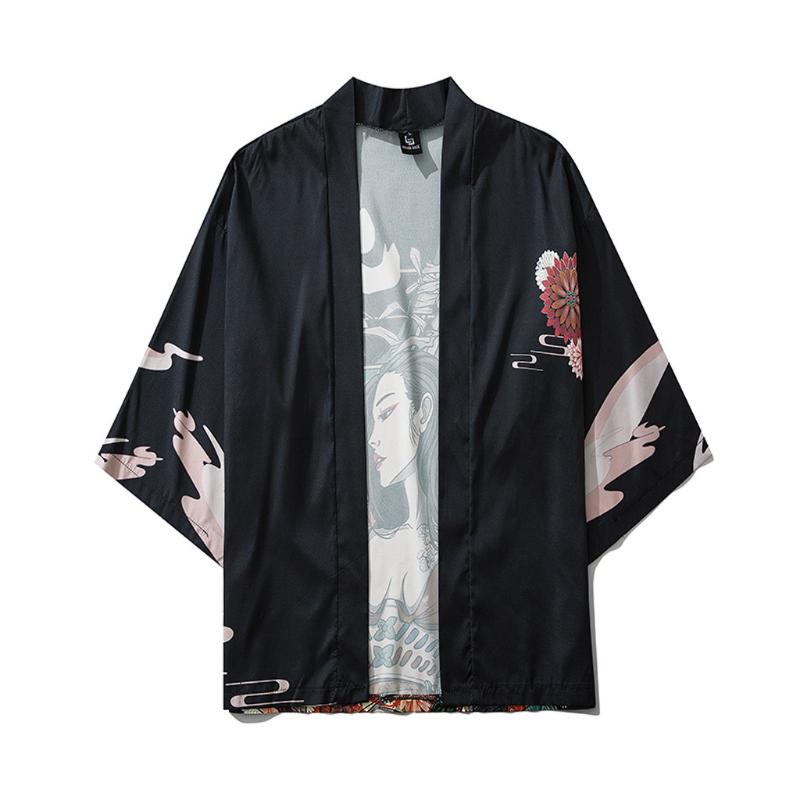 

Summer Japanese Five Point Sleeves Kimono Mens And Womens Cloak Jacke Top Japanese Ethnic Traditional Unisex Thin Loose Blouses, Black