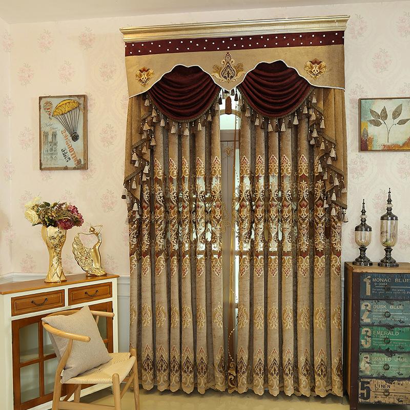 

Brown Thickened Luxurious Curtains for Bedroom Shading Chenille Curtains for Living Room Embroidered European Curtain Valance, Tulle