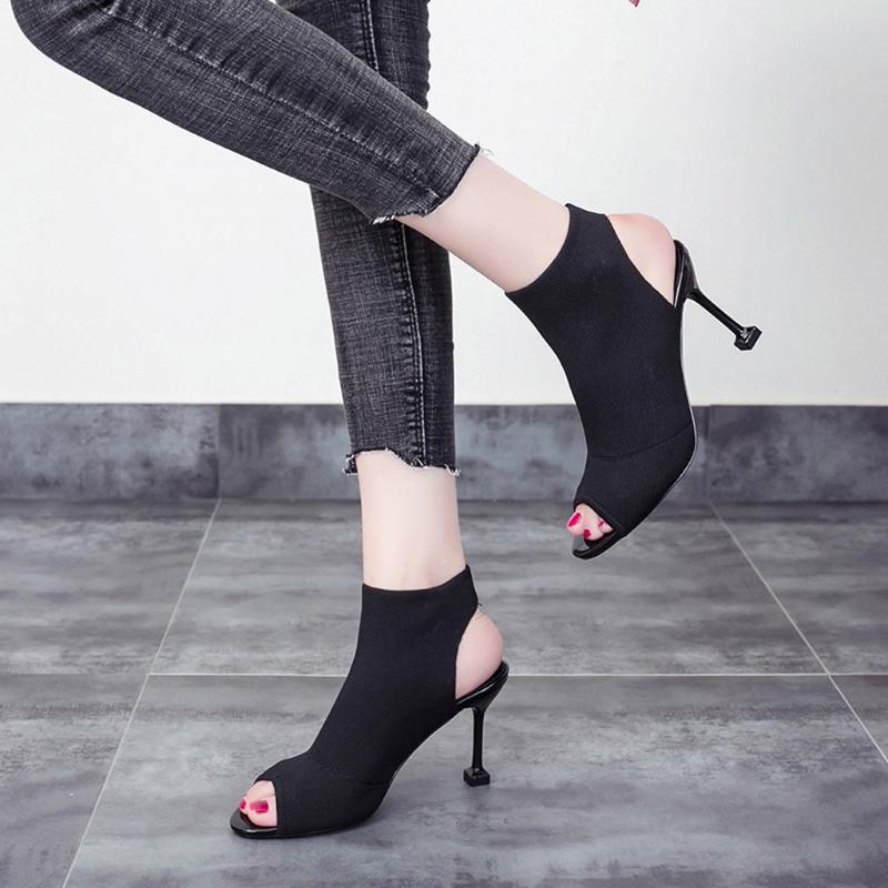 

Shoes Women's Fish Mouth Open Toe Stiletto Shoes Stretch Knit High Heels Roman Thin Heels Sexy Female, Black