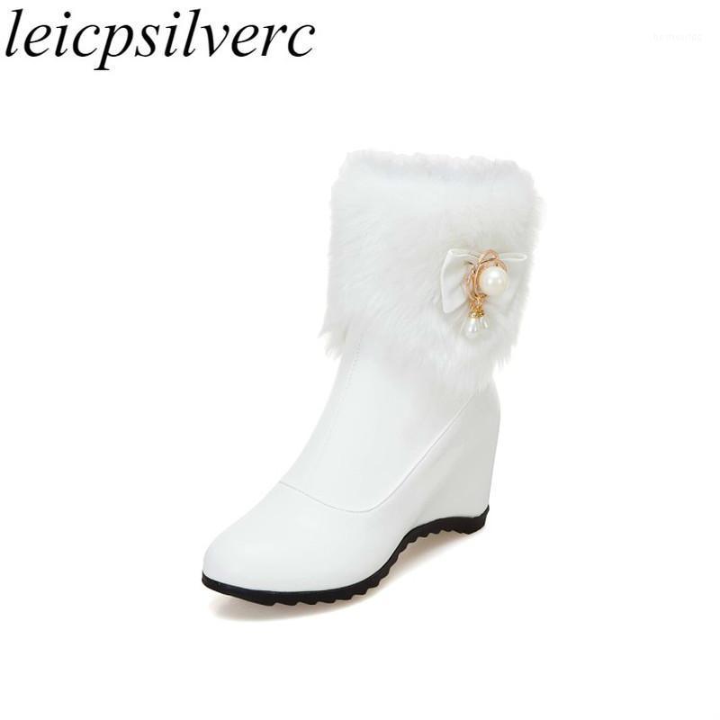 

Women Boots Autumn Winter Warm Fur Height Increasing Ankle Round Toe Pearl Patchwork 2020 New Sexy Fashion Pu Snow Boots White1, Black