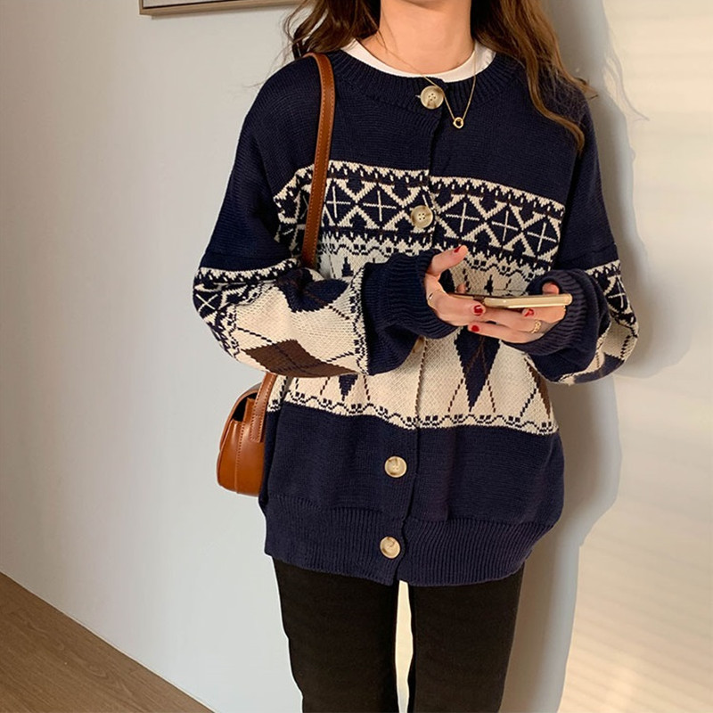 

2021 New 2 colours Spring and Autumn Shredded color knitted sweaters cardigans womens (x1664) 58KP, Navy blue