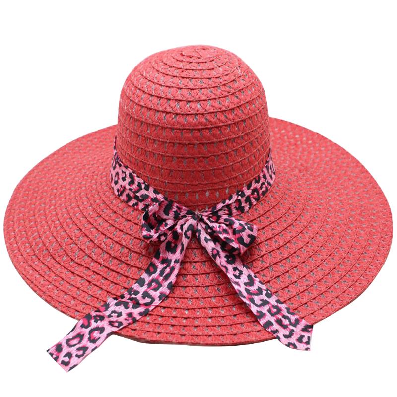 

Women Seaside Bowler Sunscreen Beach Travel Straw Hat Leopard Print Wide Brim Cap Ladies Outdoor Bowknot Ribbon Fashion Foldable, Red