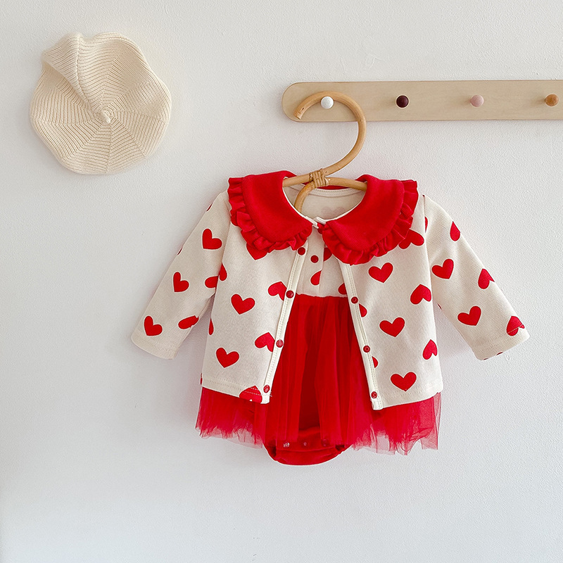 

Baby girls Valentine's day outfits kids love heart cardigan+ruffle lapel long sleeve tulle romper 2pcs newborn baby kid clothes A5606, Customize