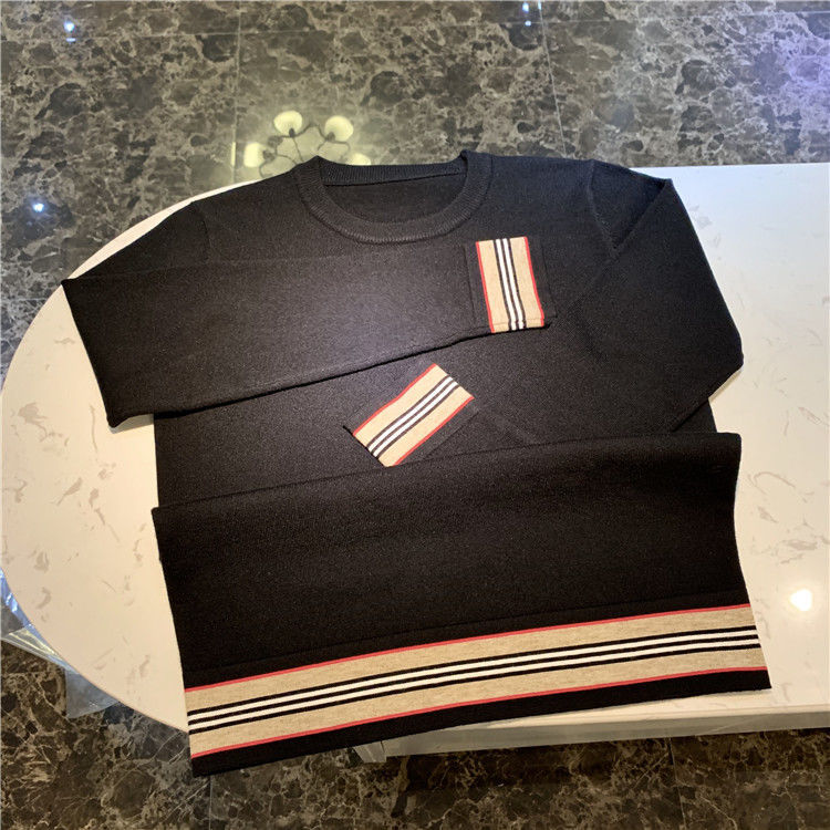 

2021 High quality Men Women Striped Couples Seam Colour Sweater Knitted with Round Collar Sleeve Same Style Q5ET, Black