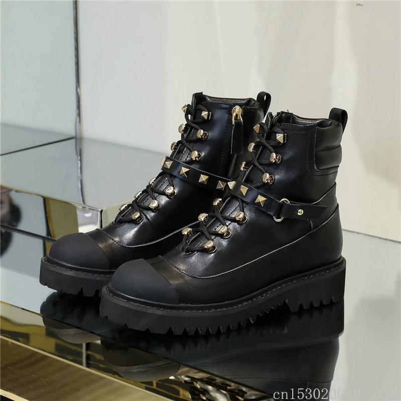 

Patchwork Women Boots Fashion Rivets Lace Up Winter For Genuine Leather Short Motorcycle 40, As show
