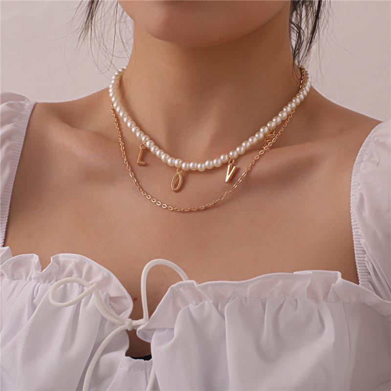 

2020 Fashion Pearl Geometry Double Chain Necklace Women Popular English love Letter Necklace Jewelry