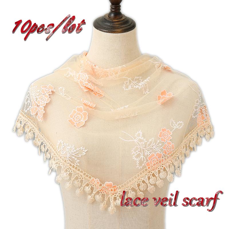 

Scarves 2021 Est Lace Floral Veil Scarf Tassel Triangular Polyester Fashion Women Lightweight Solid Color Foulard 10 Pcs/Lot