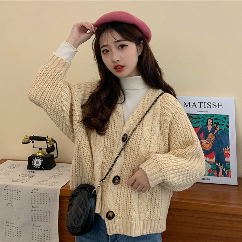 

2021 New Women's Knitted Cardigan Oversized Loose Solid Full Length Sleeves Cleavage in v Single Knitting Shirt Breasted BBF0, Apricot