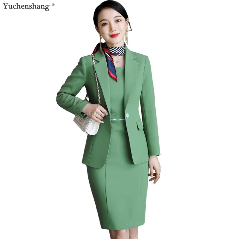 

Elegant Women Skirt Suit for Business Work Interview Hotel Wear Apricot Green Blue Slim Single Button Blazer Two Piece Set, Skirt suit 1