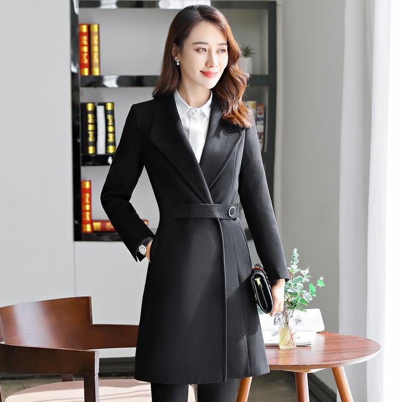 

Office Lady Slim Women Long Winter Wool Blend Coat Belt Turn-down Collar Wool Coat and Jacket Solid Pockets Outerwear, Black