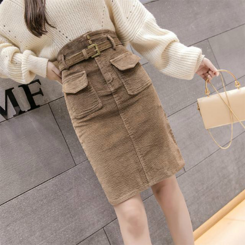 

2021 New fashion Autumn winter women's khaki black velvet bodycon pencil skirt elegant belt midi jupe y418 Z9QJ, Heise