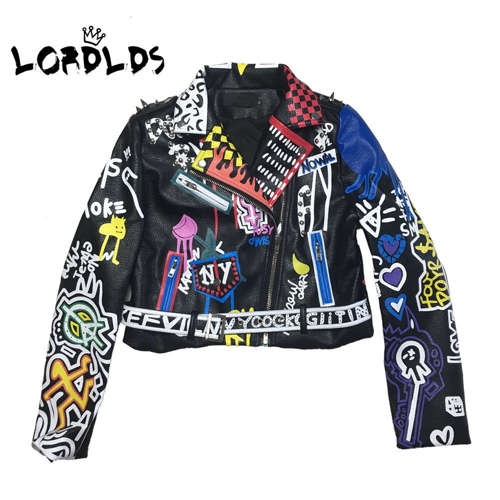 

LORDLDS 2019 Leather Jacket Women Graffiti Colorful Print Biker Jackets and Coats PUNK Streetwear Ladies clothes T191026, Black