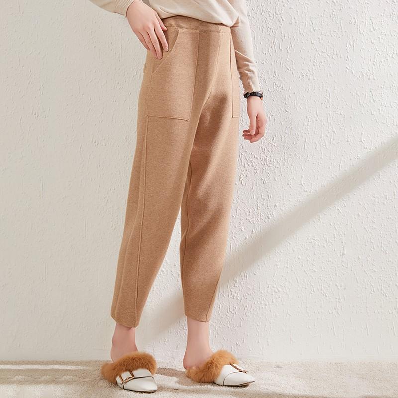

High-End Custom Cashmere Autumn Winter Women Pants Knitting Elastic Waist Wide Leg Pockets Ankle-Length Harem Lady Warm Trousers, D1457 beige white