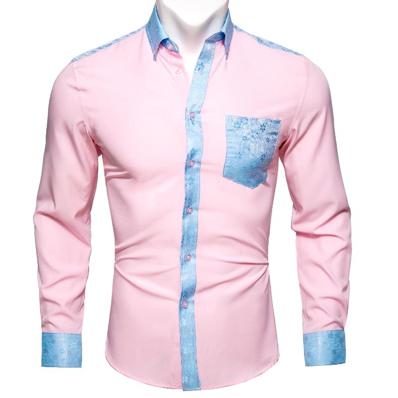 

Men' Dress Shirts Barry.Wang Pink Solid Blue Floral Splicing Shirt Man Long Sleeve Casual Soft For Men Designer Fit BCY-0313, Bcy-0301