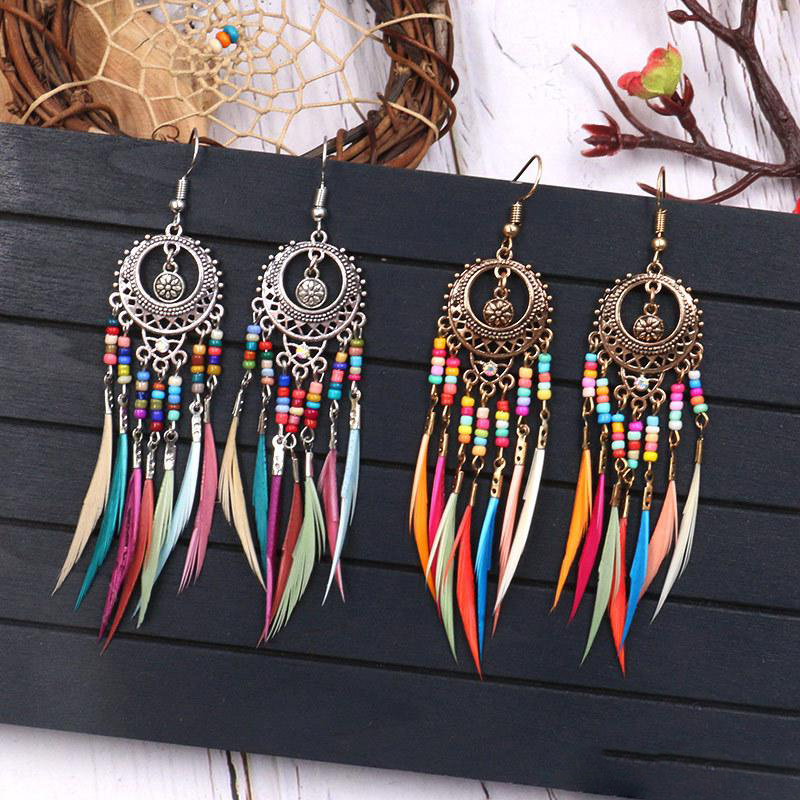 

New Fashion Vintage Ethnic Feather Dangle Earrings Bohemia Rainbow Colors Seed Bead Personalized Tassel Earring for Women Jewelry Gifts