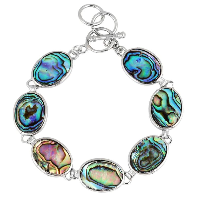 

TUMBEELLUWA Natural Abalone Shell Oval Beads Bracelet Bangle 18KGP Fashion Jewelry for Women 7.6-8.6