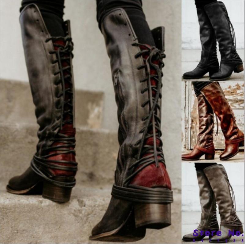 

sapato feminino women boots knee high vintage PU leather shoes woman cross-tied lace up gladiator booties girls chaussure TA0066, Black