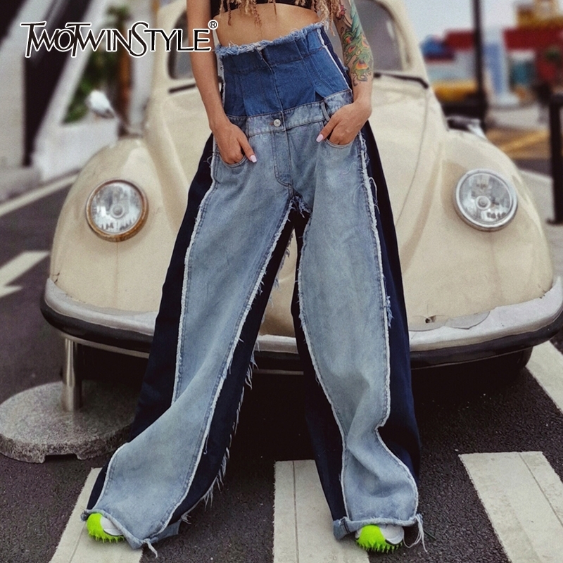 

TWOTWINSTYLE Denim Patchwork Trousers Women High Waist Hit Color Large Size Wide Leg Pants Female Fashion Autumn Tide 201031, Blue