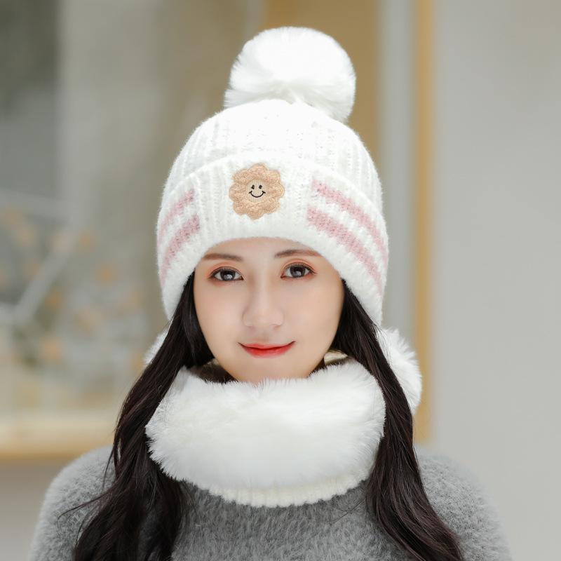 

Beanie/Skull Caps Hat Woman Autumn Winter Woolen Cute Versatile Collar Suit Korean Fashion Plush Fluffy Knitted Tide Outdoor Riding, White