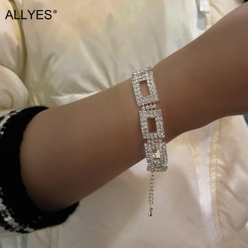 

Charm Bracelets ALLYES Korean Shiny Silver Plated Rectangle Crystal Claw Chain For Women Rhinestone Geometric Bracelet Party Jewelry