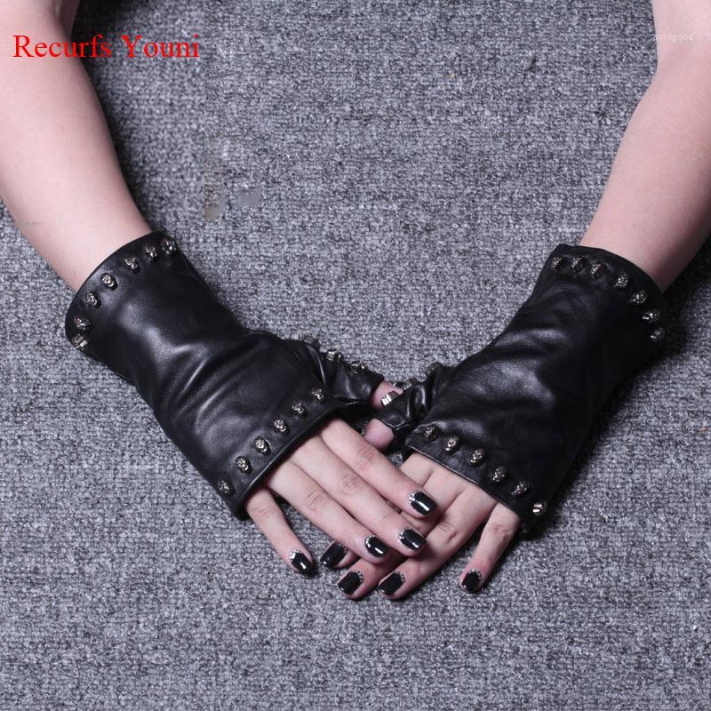 

Five Fingers Gloves 2021 Winter Women Genuine Leather Skull Bone Fingerless Thin Femme Black Cool Driving Club Luvas Hip Rock Guants1