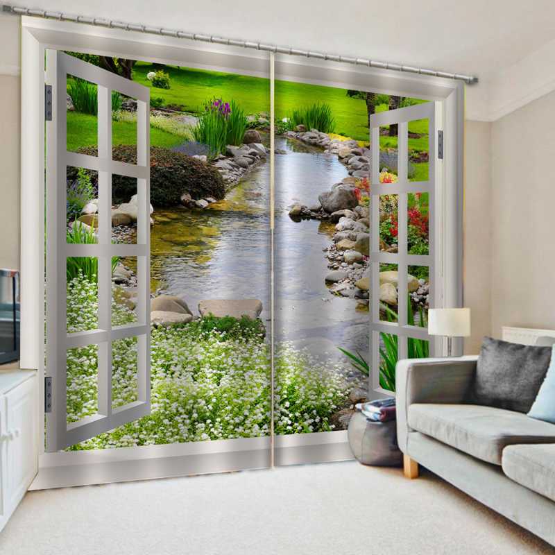 

Modern Curtain Window Door Curtains For Living Room Bedroom Rives Nature Scenery Curtains Silk Blackout Shading, As the photo