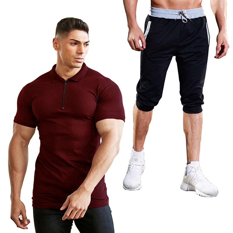 

2020 summer fashion sports men's top shirt 7-point pants daily fashion sports pants short sleeve set solid color