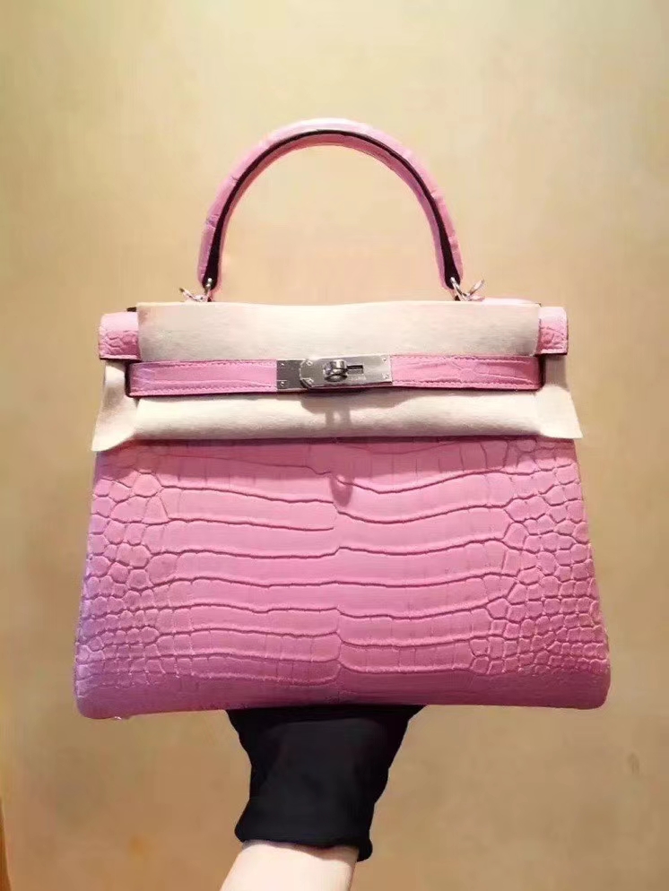 

25cmreal matte crocodile tote brand purse luxury bag designers handbag fully handmade wax line stitching pink color