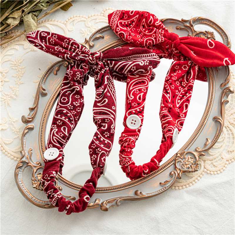 

Vintage Cashew Print Women Headband Ears Button Hair Bands Cross Knotted Button Headband Elastic Hairbands Accessories