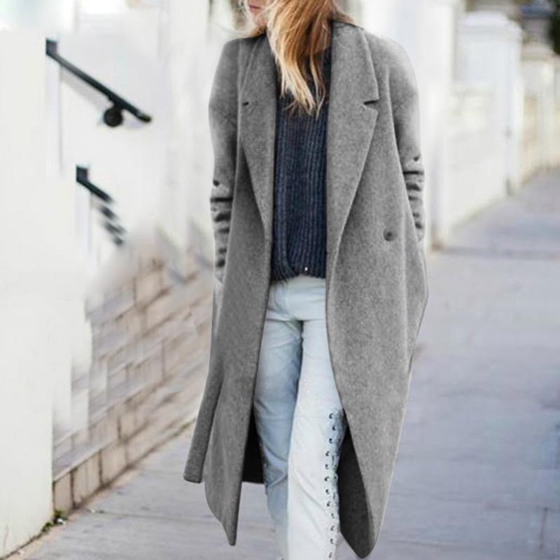 

women basic notched collar solid blazer Winter Fashion Coat Trench Jacket Pocket Overcoat Outwear, Gray
