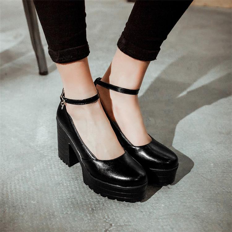 

PXELENA Retro Square Chunky Block High Heels Shoes Women Pumps Thick Platform Ankle Strap Dress Party Wedding Punk Shoes 34-43, Black